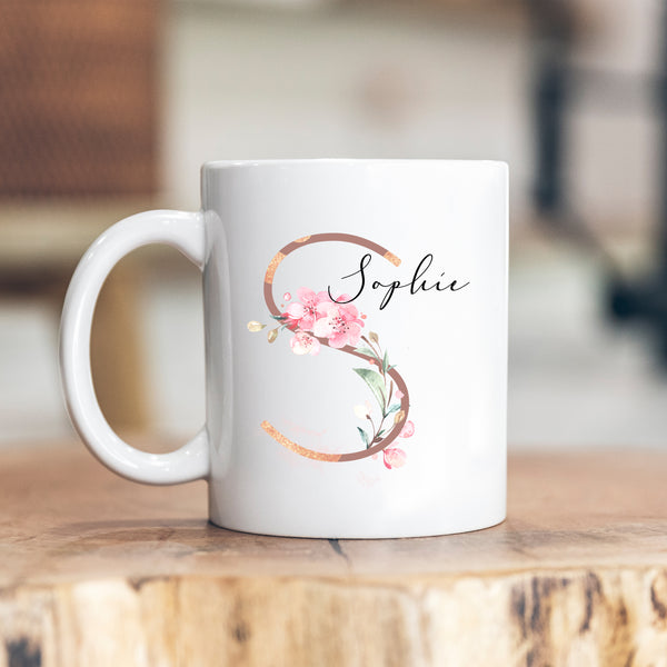 Pretty Floral Initial With Name, Rose Gold and Pink, Stylish Cute Birthday Gift for Her, Personalised Mug