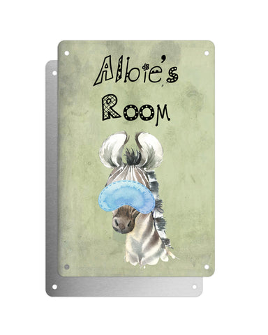 Cute Animal Personalised Name Plaque – Baby Zebra With Sleep Mask | Vintage-Style Green Aluminium Sign for Kids’ Room