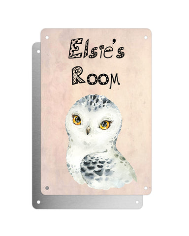 Cute Animal Personalised Name Plaque – Snowy Owl | Vintage-Style Aluminium Sign for Kids’ Room