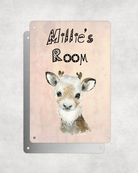 Cute Animal Personalised Name Plaque – Baby Reindeer | Vintage-Style Aluminium Sign for Kids’ Room