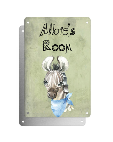 Cute Animal Personalised Name Plaque – Baby Zebra With Blue Neck Tie | Vintage-Style Green Aluminium Sign for Kids’ Room