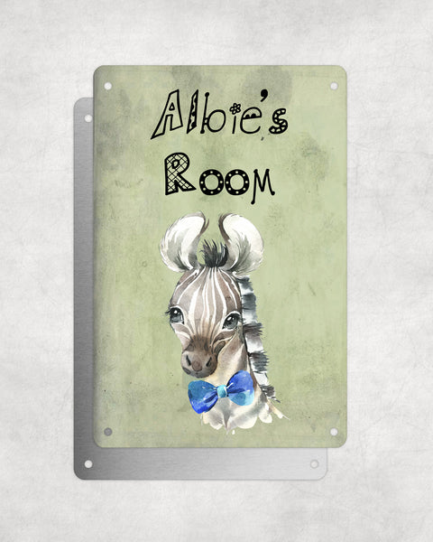 Cute Animal Personalised Name Plaque – Baby Zebra With Blue Bow Tie | Vintage-Style Green Aluminium Sign for Kids’ Room
