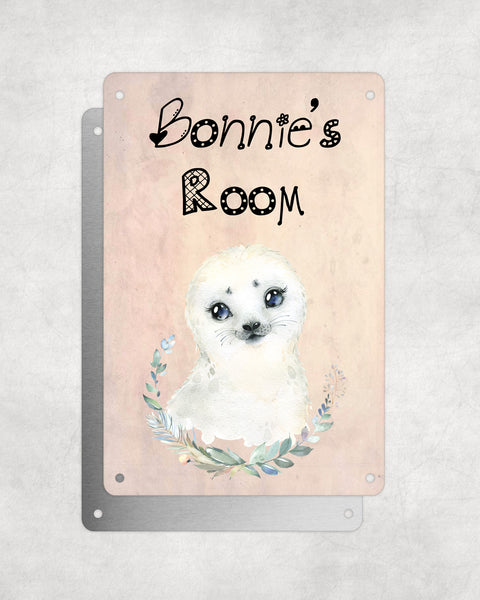 Cute Animal Personalised Name Plaque – Baby Seal With Wreath | Vintage-Style Aluminium Sign for Kids’ Room