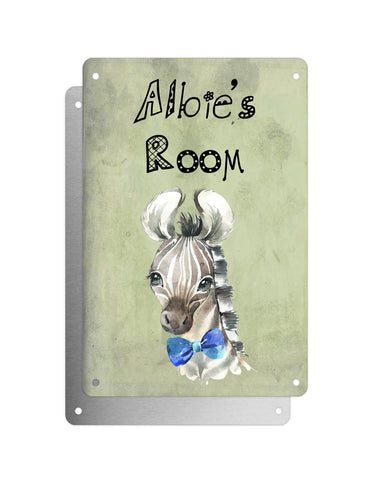 Cute Animal Personalised Name Plaque – Baby Zebra With Blue Bow Tie | Vintage-Style Green Aluminium Sign for Kids’ Room
