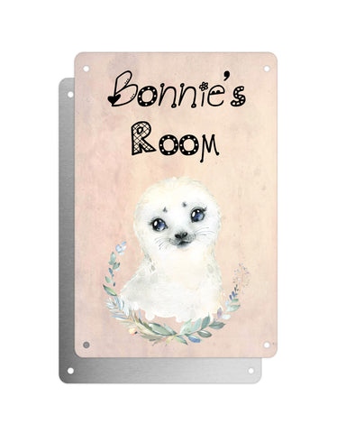 Cute Animal Personalised Name Plaque – Baby Seal With Wreath | Vintage-Style Aluminium Sign for Kids’ Room