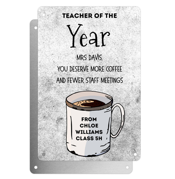Personalised Teacher Tribute Aluminium Plaque – 'Teacher of The Year' With Coffee Mug Graphic, Leaving Gift