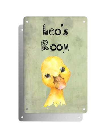 Cute Animal Personalised Name Plaque – Baby Duck | Vintage-Style Green Aluminium Sign for Kids’ Room