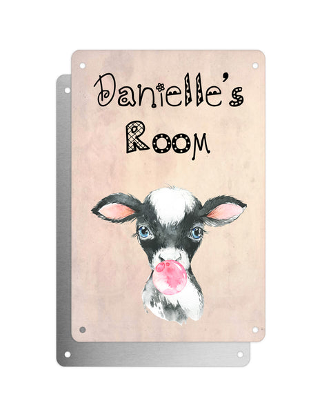 Cute Animal Personalised Name Plaque – Baby Cow with Bubblegum | Vintage-Style Aluminium Sign for Kids’ Room