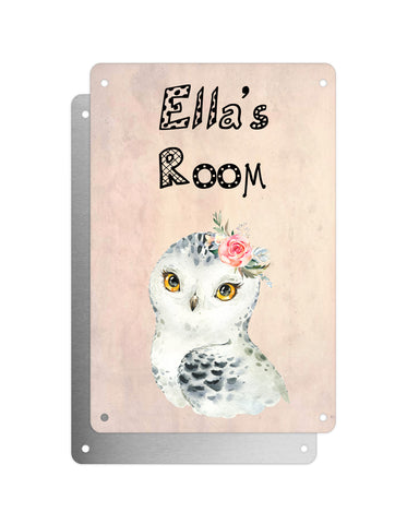 Cute Animal Personalised Name Plaque – Snowy Owl With Flower | Vintage-Style Aluminium Sign for Kids’ Room
