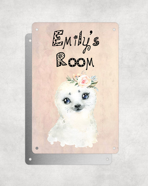 Cute Animal Personalised Name Plaque – Baby Seal With Flower | Vintage-Style Aluminium Sign for Kids’ Room