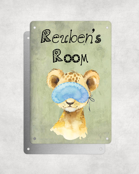 Cute Animal Personalised Name Plaque – Baby Lion With Sleep Mask | Vintage-Style Green Aluminium Sign for Kids’ Room