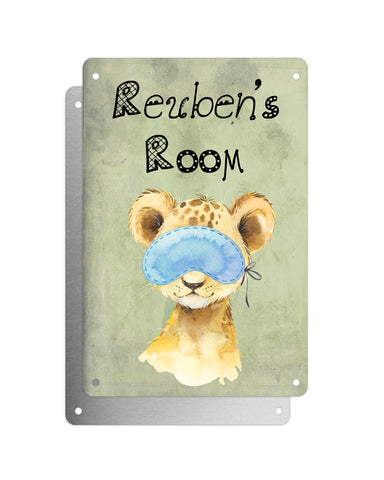 Cute Animal Personalised Name Plaque – Baby Lion With Sleep Mask | Vintage-Style Green Aluminium Sign for Kids’ Room