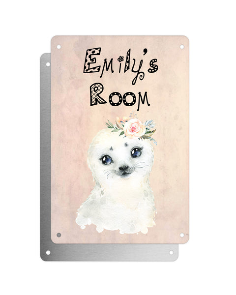 Cute Animal Personalised Name Plaque – Baby Seal With Flower | Vintage-Style Aluminium Sign for Kids’ Room