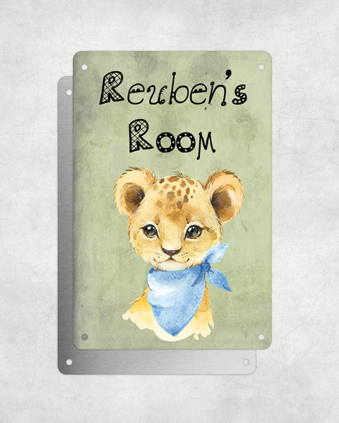 Cute Animal Personalised Name Plaque – Baby Lion With Blue Neck Tie | Vintage-Style Green Aluminium Sign for Kids’ Room