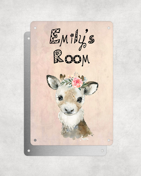 Cute Animal Personalised Name Plaque – Baby Reindeer With Flower | Vintage-Style Aluminium Sign for Kids’ Room
