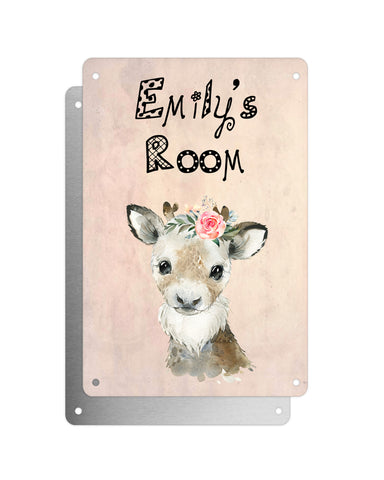 Cute Animal Personalised Name Plaque – Baby Reindeer With Flower | Vintage-Style Aluminium Sign for Kids’ Room