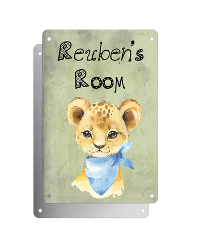 Cute Animal Personalised Name Plaque – Baby Lion With Blue Neck Tie | Vintage-Style Green Aluminium Sign for Kids’ Room