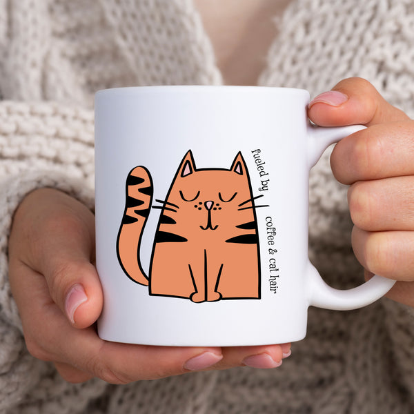 Fueled By Coffee and Cat Hair, Funny Birthday Gift with Cat Design, Personalised Mug