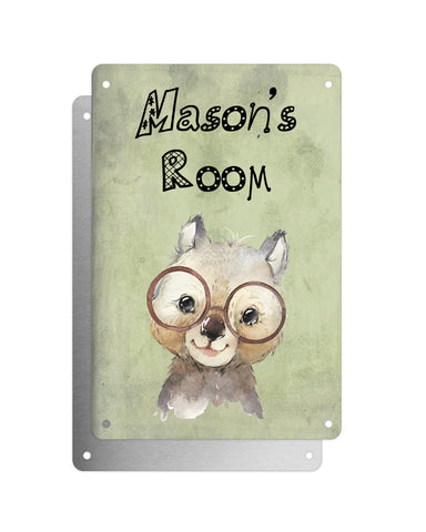 Cute Animal Personalised Name Plaque – Baby Wombat With Brown Glasses | Vintage-Style Green Aluminium Sign for Kids’ Room