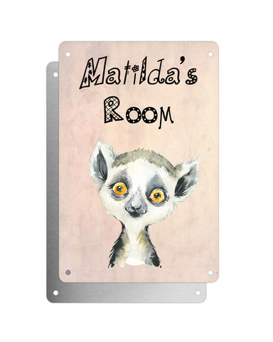 Cute Animal Personalised Name Plaque – Baby Lemur | Vintage-Style Aluminium Sign for Kids’ Room