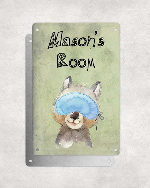 Cute Animal Personalised Name Plaque – Baby Wombat With Sleep Mask | Vintage-Style Green Aluminium Sign for Kids’ Room