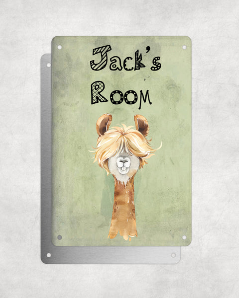 Cute Animal Personalised Name Plaque – Funny Llama Long Hair | Vintage-Style Green Aluminium Sign for Kids’ Room