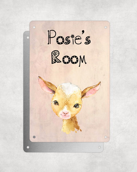 Cute Animal Personalised Name Plaque – Baby Goat | Vintage-Style Aluminium Sign for Kids’ Room