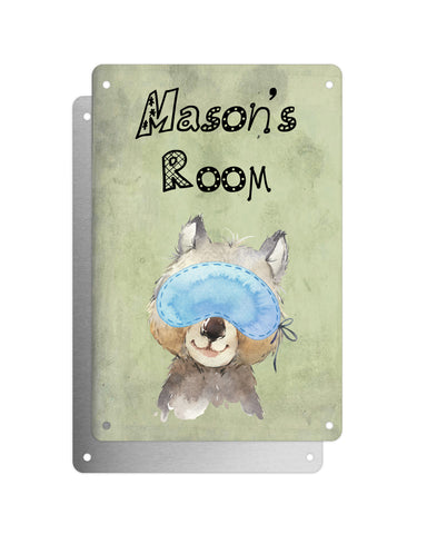 Cute Animal Personalised Name Plaque – Baby Wombat With Sleep Mask | Vintage-Style Green Aluminium Sign for Kids’ Room