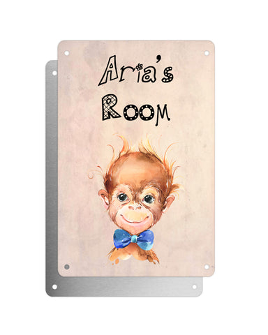Cute Animal Personalised Name Plaque – Baby Orangutan With Bow Tie | Vintage-Style Aluminium Sign for Kids’ Room
