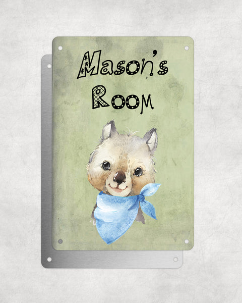 Cute Animal Personalised Name Plaque – Baby Wombat With Blue Neck Tie | Vintage-Style Green Aluminium Sign for Kids’ Room