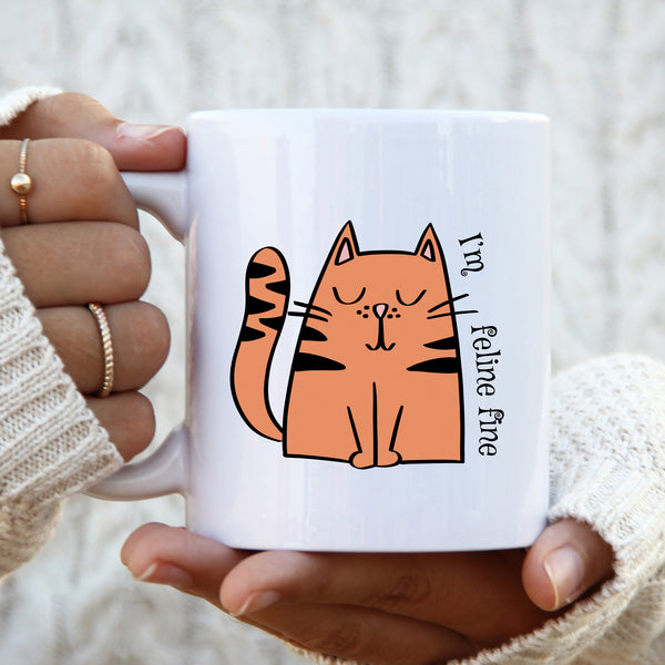 I'm Feline Fine, Funny Birthday Gift with Cat Design, Personalised Mug