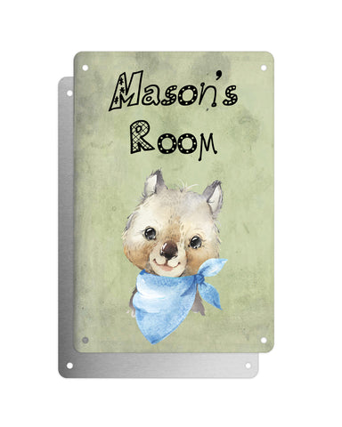 Cute Animal Personalised Name Plaque – Baby Wombat With Blue Neck Tie | Vintage-Style Green Aluminium Sign for Kids’ Room