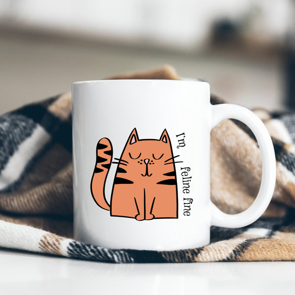 I'm Feline Fine, Funny Birthday Gift with Cat Design, Personalised Mug
