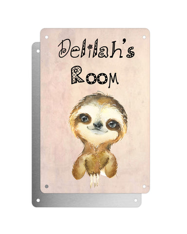 Cute Animal Personalised Name Plaque – Little Sloth | Vintage-Style Aluminium Sign for Kids’ Room