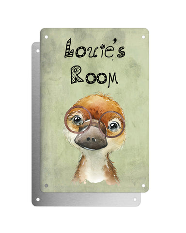 Cute Animal Personalised Name Plaque – Baby Platypus With Brown Glasses | Vintage-Style Green Aluminium Sign for Kids’ Room