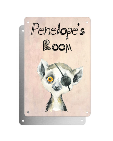 Cute Animal Personalised Name Plaque – Baby Lemur With Eye Patch | Vintage-Style Aluminium Sign for Kids’ Room