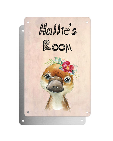 Cute Animal Personalised Name Plaque – Baby Platypus With Flower | Vintage-Style Aluminium Sign for Kids’ Room