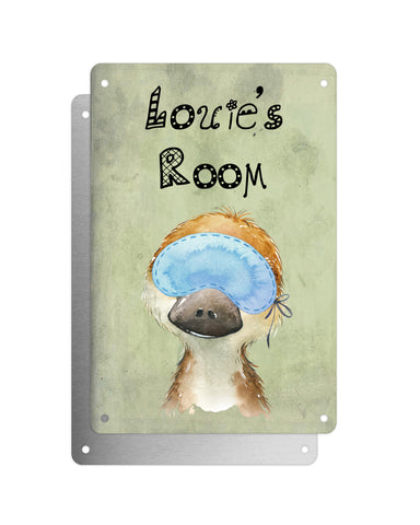 Cute Animal Personalised Name Plaque – Baby Platypus With Sleep Mask | Vintage-Style Green Aluminium Sign for Kids’ Room