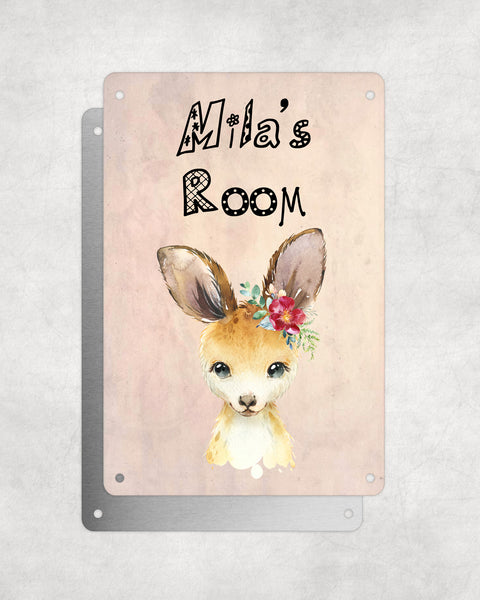Cute Animal Personalised Name Plaque – Baby Kangaroo With Flower | Vintage-Style Aluminium Sign for Kids’ Room