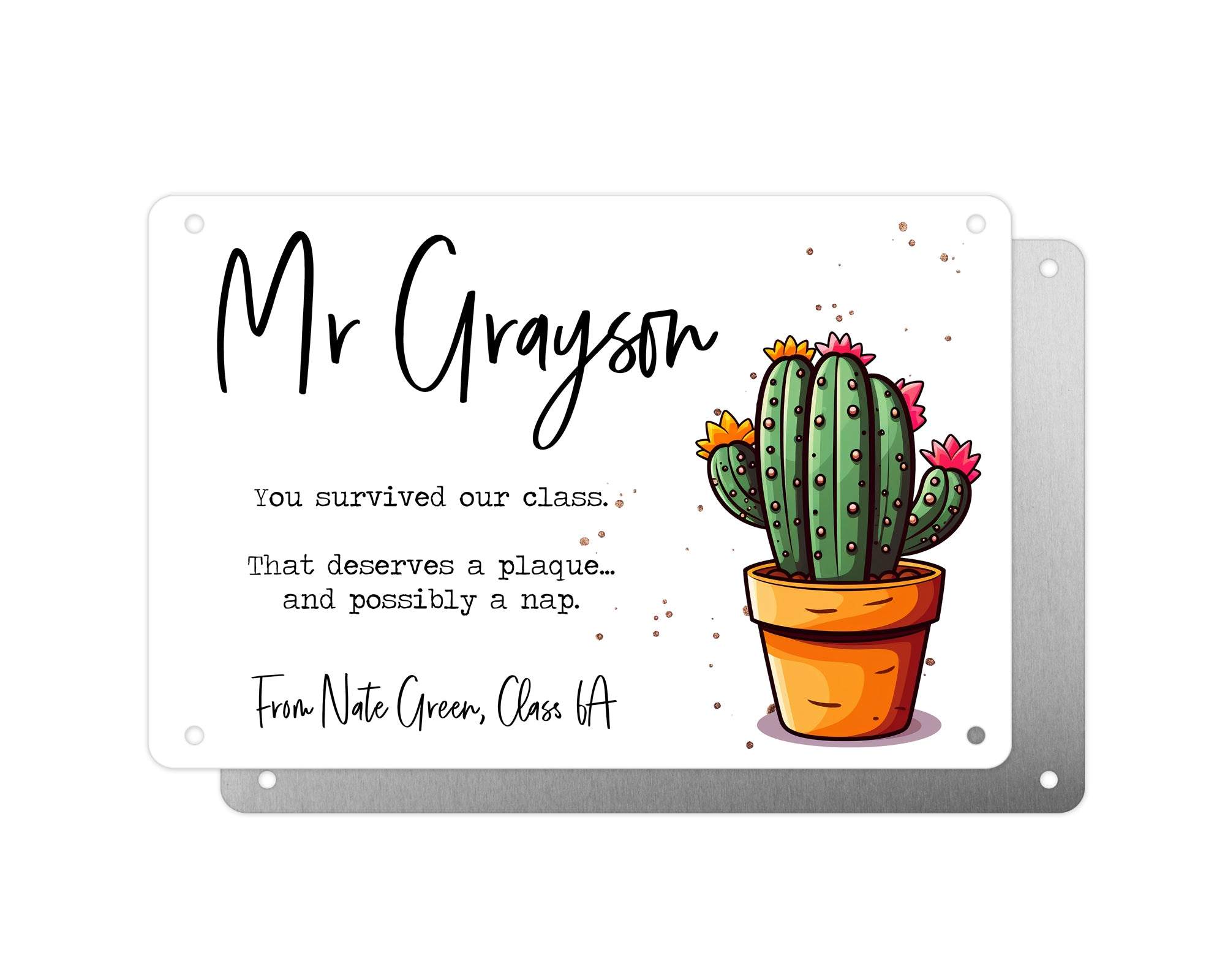 Personalised Teacher Tribute Aluminium Plaque – 'You Survived Our Class' with Cactus Graphic, Leaving Gift