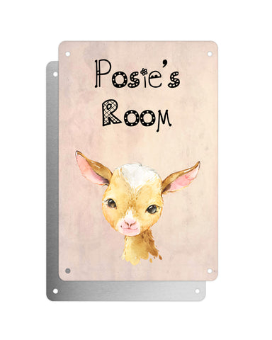 Cute Animal Personalised Name Plaque – Baby Goat | Vintage-Style Aluminium Sign for Kids’ Room