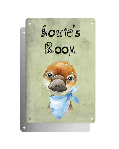Cute Animal Personalised Name Plaque – Baby Platypus With Blue Neck Tie | Vintage-Style Green Aluminium Sign for Kids’ Room