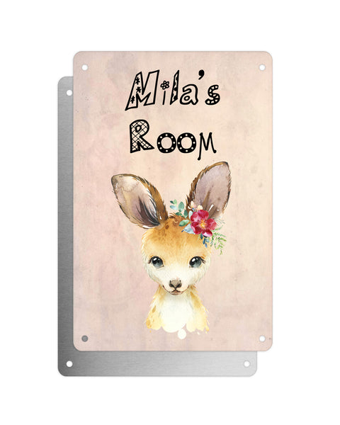 Cute Animal Personalised Name Plaque – Baby Kangaroo With Flower | Vintage-Style Aluminium Sign for Kids’ Room
