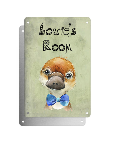 Cute Animal Personalised Name Plaque – Baby Platypus With Blue Bow Tie | Vintage-Style Green Aluminium Sign for Kids’ Room