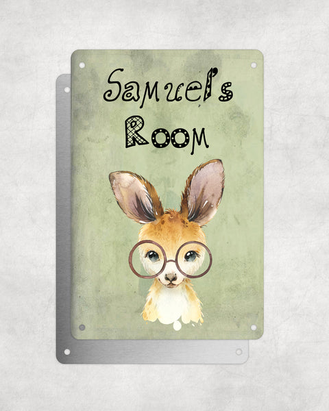 Cute Animal Personalised Name Plaque – Baby Kangaroo With Brown Glasses | Vintage-Style Green Aluminium Sign for Kids’ Room