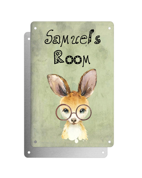 Cute Animal Personalised Name Plaque – Baby Kangaroo With Brown Glasses | Vintage-Style Green Aluminium Sign for Kids’ Room