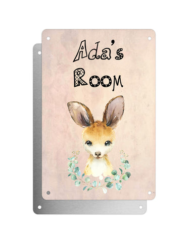 Cute Animal Personalised Name Plaque – Baby Kangaroo With Wreath | Vintage-Style Aluminium Sign for Kids’ Room