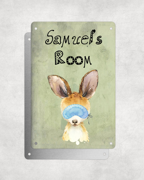 Cute Animal Personalised Name Plaque – Baby Kangaroo With Sleep Mask | Vintage-Style Green Aluminium Sign for Kids’ Room