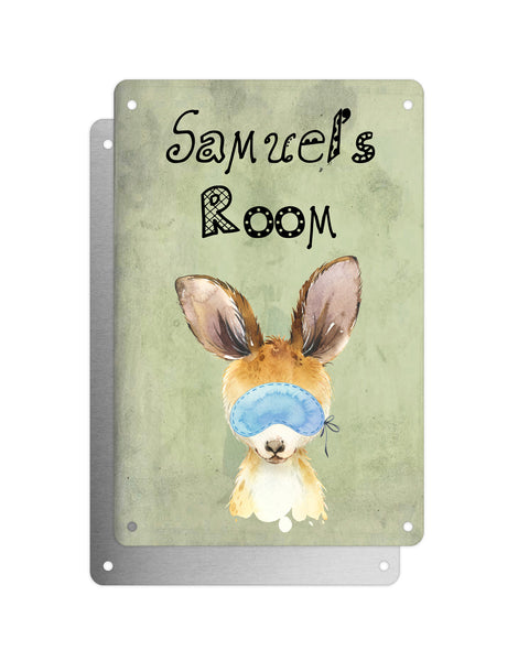 Cute Animal Personalised Name Plaque – Baby Kangaroo With Sleep Mask | Vintage-Style Green Aluminium Sign for Kids’ Room
