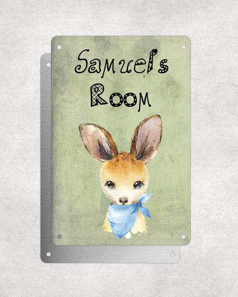 Cute Animal Personalised Name Plaque – Baby Kangaroo With Blue Neck Tie | Vintage-Style Green Aluminium Sign for Kids’ Room